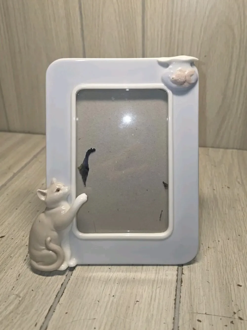 Vtg 3D Cat With Fish Bowl Porcelain Photo Frame 4